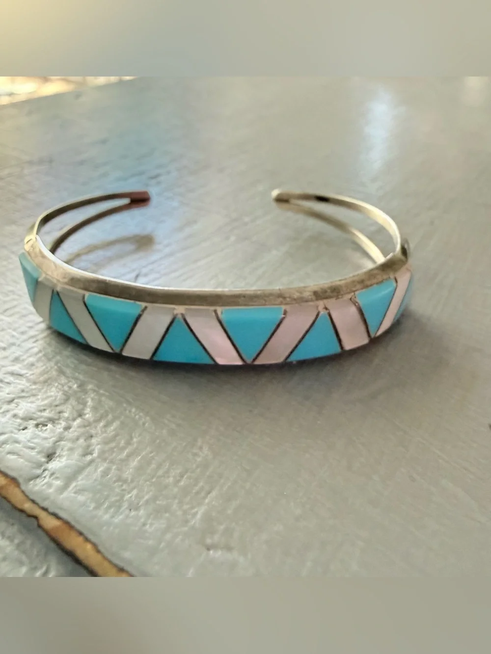 Native 925 Sterling Silver Turquoise Mother of Pearl Inlay Cuff Bracelet